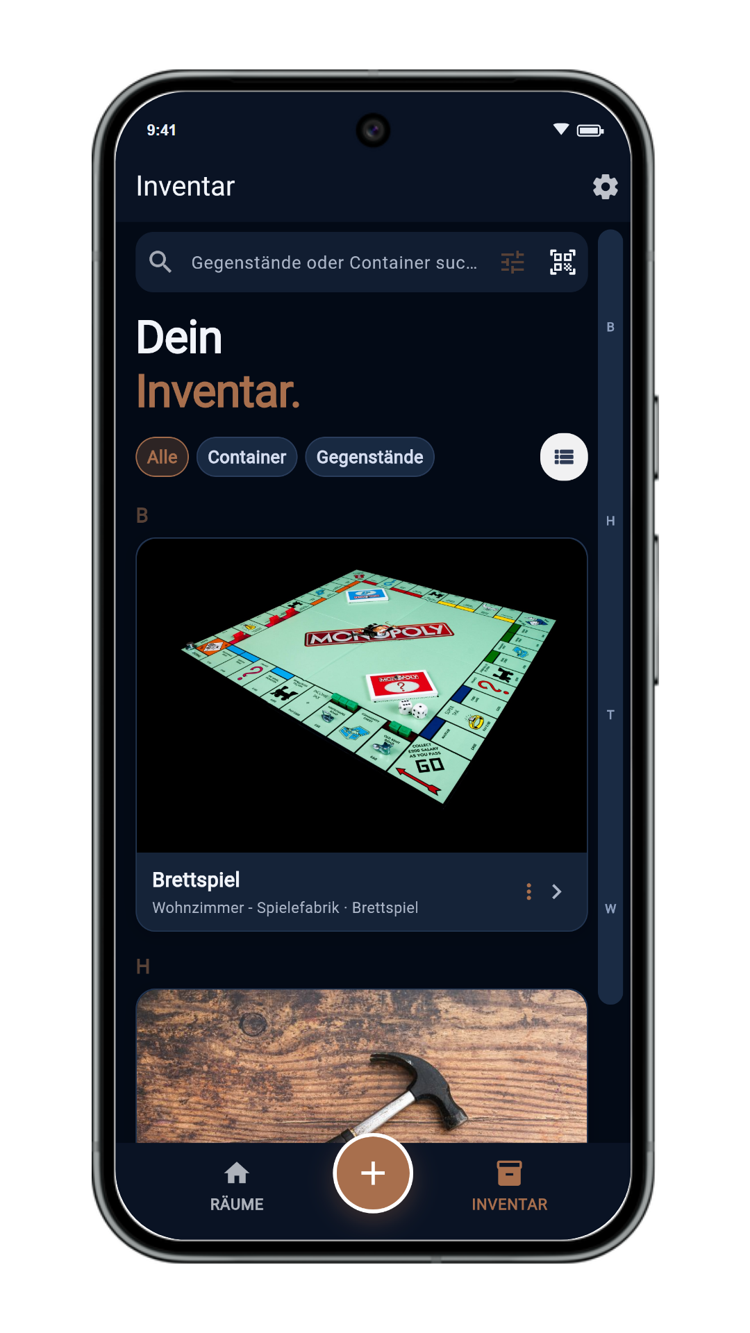 Inventar mit Bildern im dunklen Modus
